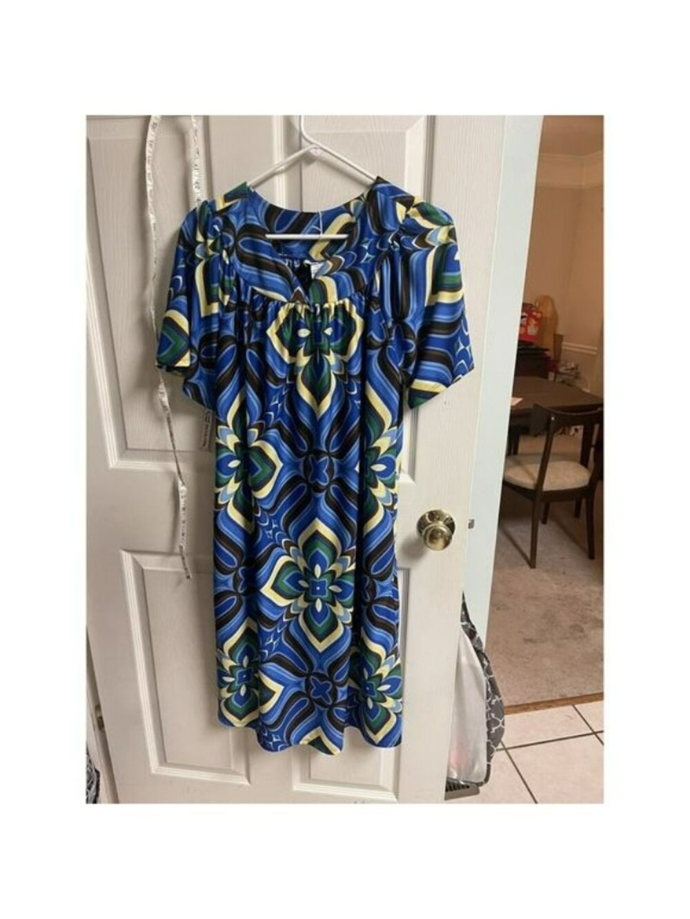 Vtg Anthony Richards House Dress Blue Abstract Floral Muumuu Large Mod 70s